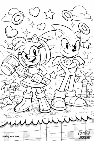 Sonic and Amy stand together on grassy ground, with one holding a big hammer while rings, hearts, and stars float around them under a bright sky