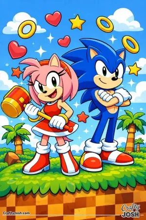 Sonic and Amy stand together on grassy ground, with one holding a big hammer while rings, hearts, and stars float around them under a bright sky