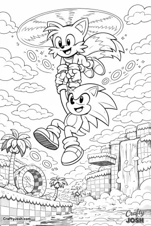 Sonic the hedgehog is lifted through the sky by a twin-tailed fox while clouds, rings, and a checkerboard landscape stretch below them