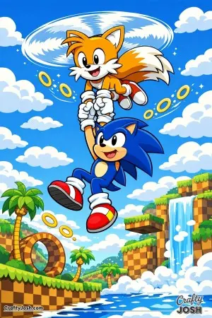 Sonic the hedgehog is lifted through the sky by a twin-tailed fox while clouds, rings, and a checkerboard landscape stretch below them