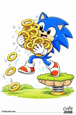 Sonic struggles to hold a huge pile of rings as several slip away and fall
