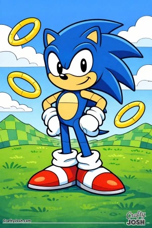 This illustration shows a Sonic designed with thick section borders, making each part easy to recognize and color within a clean outdoor scene