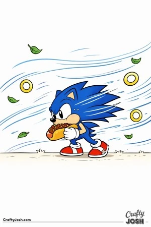 A determined Sonic pushes through strong winds as his quills and gloves are blown backward by swirling air currents