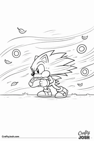 A determined Sonic pushes through strong winds as his quills and gloves are blown backward by swirling air currents