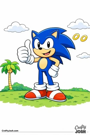 This image shows Sonic the Hedgehog standing on grass, smiling and giving a big thumbs-up with rings and a palm tree nearby