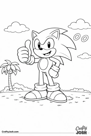 This image shows Sonic the Hedgehog standing on grass, smiling and giving a big thumbs-up with rings and a palm tree nearby