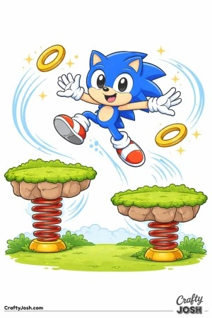 Sonic the hedgehog is shown mid-jump between two floating platforms, with springs below and rings guiding his path through the air