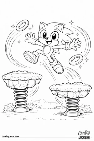 Sonic the hedgehog is shown mid-jump between two floating platforms, with springs below and rings guiding his path through the air