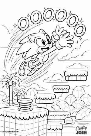 A Sonic-style hedgehog leaps high into the air, stretching forward to grab a curved line of floating rings above grassy platforms and springs