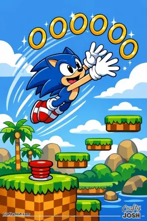 A Sonic-style hedgehog leaps high into the air, stretching forward to grab a curved line of floating rings above grassy platforms and springs