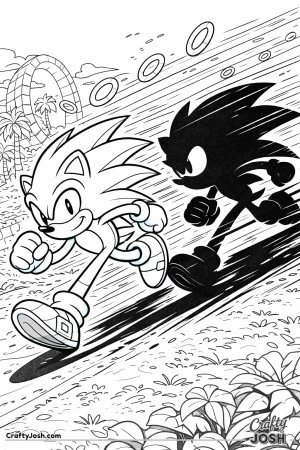 Sonic sprints at full speed while his stretched shadow races beside him, with ring trails, motion lines, and a classic looped landscape in the ..