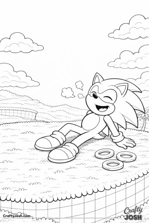 Sonic relaxing on the grass after a run, leaning back, smiling nd rings resting nearby