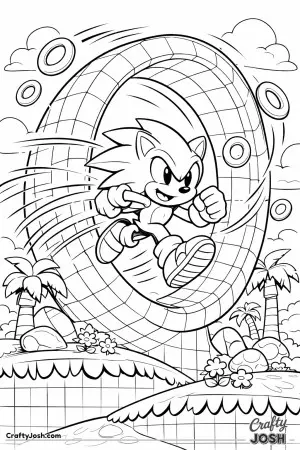 Sonic the Hedgehog races through a tall loop-de-loop as golden rings and speed lines swirl around him in a colorful landscape with palm trees and ..