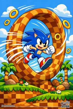 Sonic the Hedgehog races through a tall loop-de-loop as golden rings and speed lines swirl around him in a colorful landscape with palm trees and ..