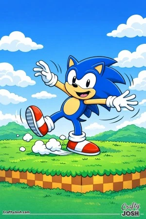 Sonic skids with one foot sliding forward as he waves his arms to regain balance