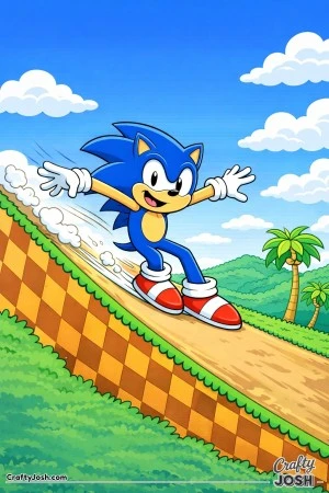 Sonic sliding smoothly down a curved checkerboard slope with his arms out for balance and motion lines showing speed