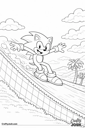 Sonic sliding smoothly down a curved checkerboard slope with his arms out for balance and motion lines showing speed