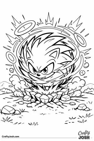Sonic is curled into a powerful spin dash ball, bursting from cracked ground with energy rings and motion lines radiating outward across a grassy ..