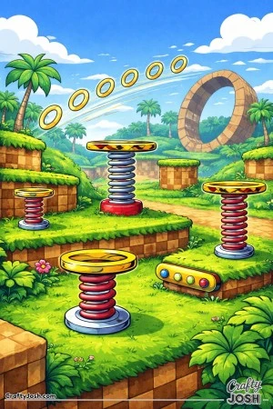 A Sonic-style playground environment features bouncing springs, raised platforms, ring trails, and a large loop set among palm trees and grassy hills