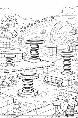 A Sonic-style playground environment features bouncing springs, raised platforms, ring trails, and a large loop set among palm trees and grassy hills