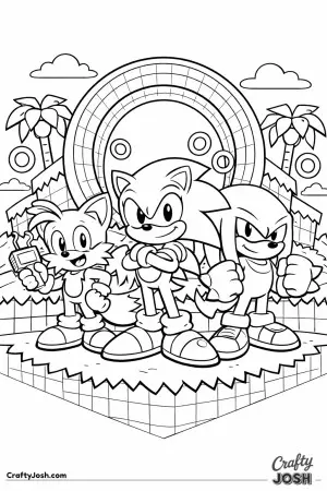 This scene shows Sonic the Hedgehog leading a trio of friends, framed by a classic loop structure, bright terrain, and playful adventure elements