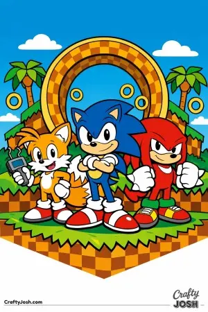 This scene shows Sonic the Hedgehog leading a trio of friends, framed by a classic loop structure, bright terrain, and playful adventure elements