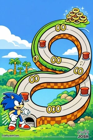 This scene shows Sonic the Hedgehog ready to start a twisty maze adventure built around a giant loop with rings marking the correct route