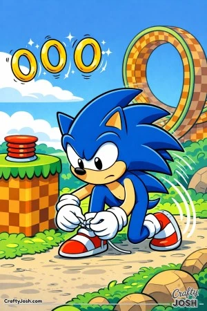 Sonic kneels on one knee to carefully tie his sneaker while floating rings wait nearby and a loop and spring sit behind him