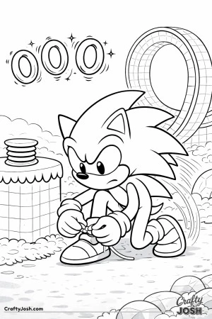 Sonic kneels on one knee to carefully tie his sneaker while floating rings wait nearby and a loop and spring sit behind him