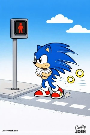 Sonic standing patiently at a crossing sign with arms crossed, a tapping foot, and floating rings nearby