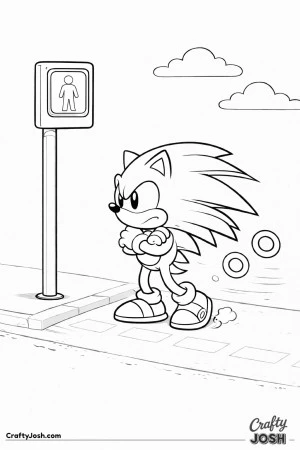 Sonic standing patiently at a crossing sign with arms crossed, a tapping foot, and floating rings nearby