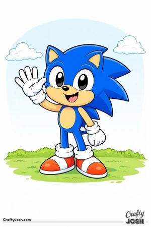 A friendly Sonic the hedgehog stands still and waves with a big smile