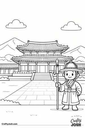 A friendly palace guard stands proudly in front of a beautiful South Korean palace with tall layered roofs and a wide open courtyard