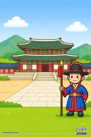 A friendly palace guard stands proudly in front of a beautiful South Korean palace with tall layered roofs and a wide open courtyard