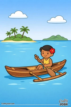 Glide across calm South Pacific waters in this gentle canoe scene, where a smiling paddler rows past a quiet island