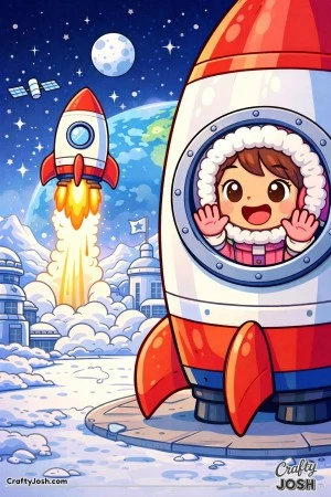 Rocket blasts off from a snowy space base while astronaut smiles and waves from a round window on a larger rocket in the foreground