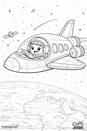 A space shuttle flies above Earth as a boy astronaut points excitedly out the window toward the planet below