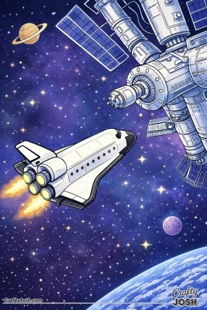 A space shuttle flies toward a detailed space station with solar panels while stars, a ringed planet, and a small moon float in the background