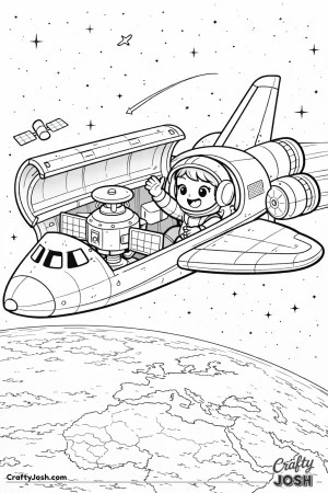 A space shuttle flies through a starry sky with its cargo bay open, carrying a small satellite