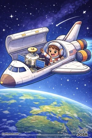 A space shuttle flies through a starry sky with its cargo bay open, carrying a small satellite