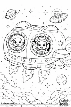 Astronauts waving from round windows as stars, planets, clouds, and a small UFO float nearby
