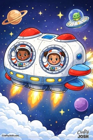 Astronauts waving from round windows as stars, planets, clouds, and a small UFO float nearby