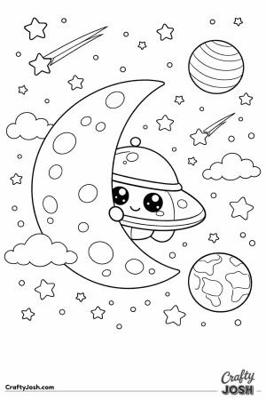 A spaceship with big eyes peeks out from behind a crescent moon, surrounded by stars and planets in outer space