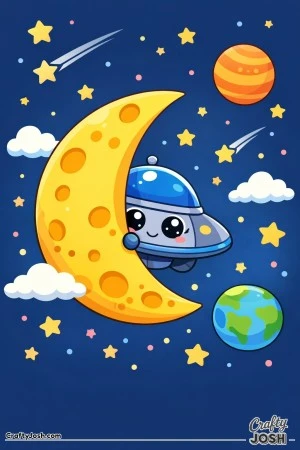 A spaceship with big eyes peeks out from behind a crescent moon, surrounded by stars and planets in outer space