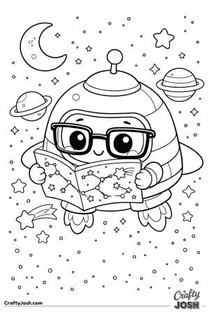 A spaceship with glasses and big eyes floats in outer space while reading a star map surrounded by stars and planets