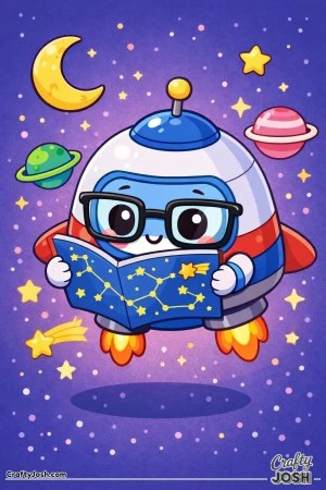 A spaceship with glasses and big eyes floats in outer space while reading a star map surrounded by stars and planets