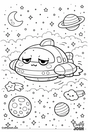 This image shows a sleepy spaceship with droopy eyes gently cruising through outer space, surrounded by smiling stars, planets, and a moon