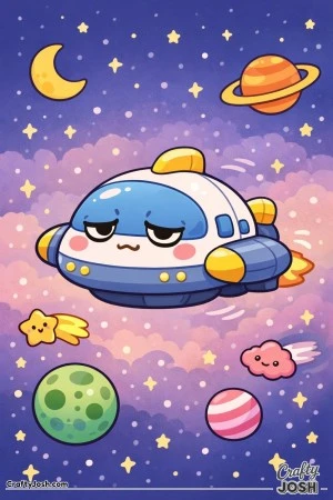 This image shows a sleepy spaceship with droopy eyes gently cruising through outer space, surrounded by smiling stars, planets, and a moon
