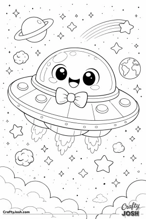 A cute cartoon spaceship with big eyes and a bow tie floats happily through outer space, surrounded by stars, planets, clouds, and a shooting star