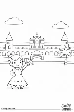 This joyful Spanish plaza shows a smiling dancer enjoying a sunny day in an open, welcoming space